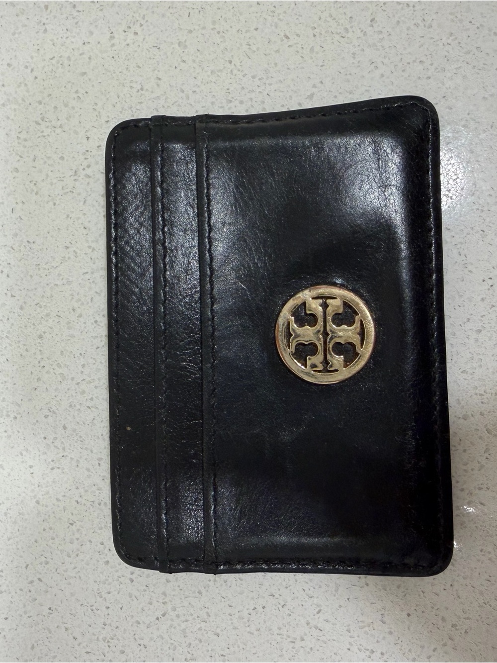 Tory Burch Black Leather Slim Card Case with Gold Emblem